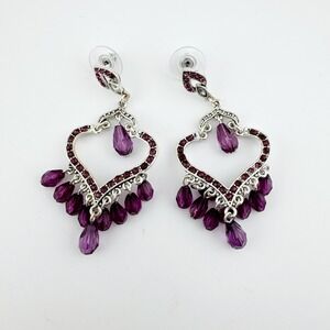 Purple Heart Dangle Earrings Silver Tone Acrylic‎ Bead Chandelier Style
